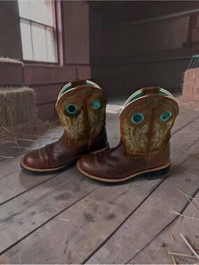 Ariat FatBaby Sheila Brown Leather  Cowgirl Brown Teal boots Sz 9B